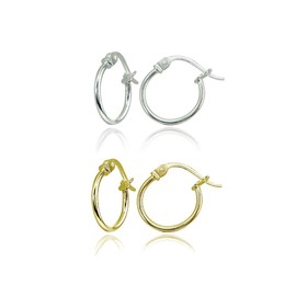 2 Pair Set Sterling Silver & Yellow Gold Flashed Tiny or Small High Polished Round Thin Lightweight Unisex Click-Top Hoop Earrings, Choose a Size, Metal