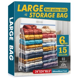 15 Gallon Large Storage Bags, 24" x 24" Clear Plastic Zipper Bags with Handles, Extra Large XL Heavy Duty for Travel Home Moving, Pack of 6