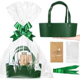 Wonderjune Leather Empty Gift Basket with Gift Bags Ribbons Greeting Cards Large Small Empty Basket Bag with Handle for Mother's Day, Birthday,easter, Housewarming Gift(Green,Small)