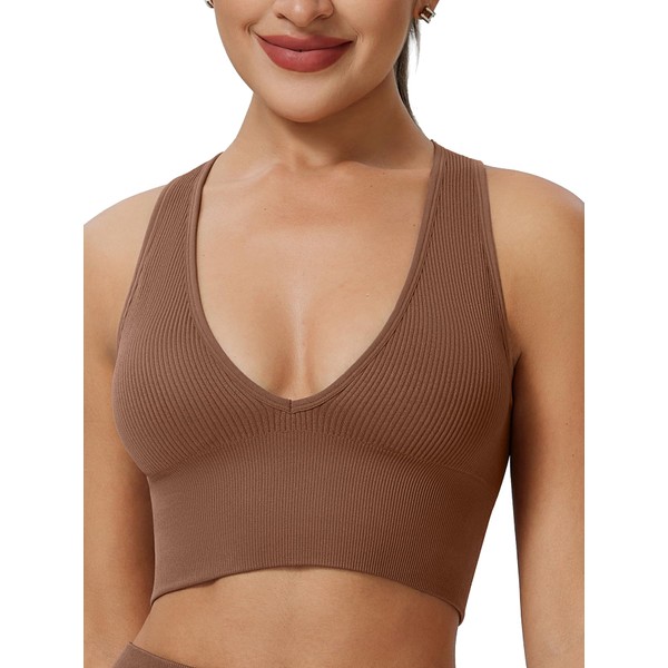 Longline Deep V Neck Sports Bra for Women Ribbed Crop