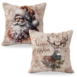 YeiHe Retro Christmas Pillow Covers 18x18 Set of 2, Vintage Santa Reindeer Christmas Pillow Covers for Couch Bed, Santa Claus Decor, Reindeer Christmas Decor, Retro Christmas Decor