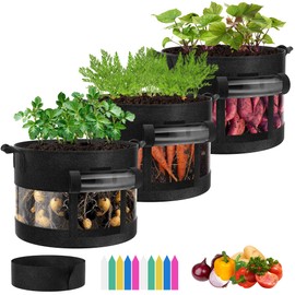 VIVOSUN 3-Pack 7 Gallon Visible Potato Grow Bags, 320G Thick Nonwoven Fabric Pots with Strap Handles, Shade Cloth & 10 Pcs Plant Labels for Flowers, Vegetables
