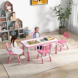 KOTEK Kids Table and Chairs Set of 4, Height Adjustable Children Activity Table & Play Table with Graffiti Desktop, Toddler Table and Chair Set for Daycare, Playroom, Home, Preschool (Pink)