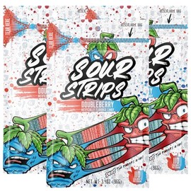 Sour Strips Sour Candy Belts, Doubleberry, Resealable Candy Bags, 3.4 Ounce (Pack of 3)