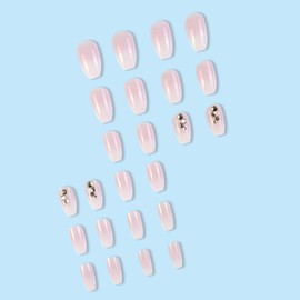Cubahop 24pcs French Medium Crystal Fake Nails Nude Glossy Butterfly Flash Powder False Nails Rhinestone Love Press on Nails for Women and Girls (Nude 3)…