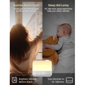 MeesMeek Sunrise Digital Alarm Clock for Bedroom: Wake-up Light, RGB Ambient Night Light, 9-Mins Snooze, 6 Natural Sounds, 7 Volume, Rechargeable Battery, Dual Loud Alarms for Heavy Sleepers (Silver)