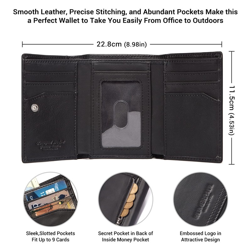 HUMERPAUL Men's RFID Blocking Tri-Fold Genuine Leather Wallet with 9
