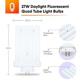 lumenivo FML27/65K Quad Tube FML 27W 6500K Bulb T4 Plugin Light Bulb Sunlight Lamp Replacement Bulb - Daylight Color Temperature - GX10q-4 4 Pin Base - 10,000 Hours - 1330 Lumens - 2 Pack