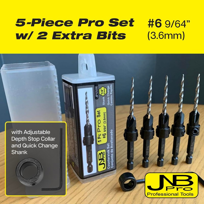 JNB Pro Countersink Drill Bit Set – 5pc Self-Centering Woodworking