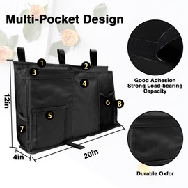 Lollanda Bedside Organiser Pocket Hanging, Bedside Caddy Bed Organiser, Bedside Storage Bag for Bunk Dormitory, Canvas Bedside Pockets (Black)