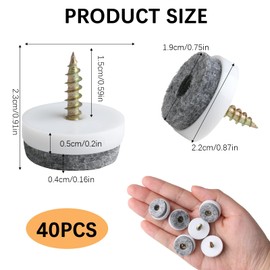 Pack of 40 Felt Gliders Screws 22 mm, Furniture Gliders with Nail for Chairs, Robust Chair Felt Glides for Laminate, Parquet, Tiles, Includes Plastic Box, Non-Slip and Noise Absorbing (Grey)