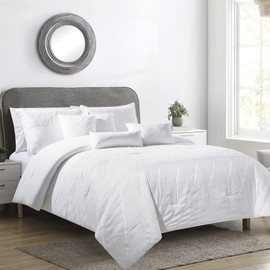 Chezmoi Collection Sara 7-Piece White Embroidered Comforter Set Full Size - Textured Geometric Stripe Lightweight Bedding for All Season