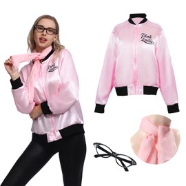 Leadtex Vintage 1950S Pink Lady Grease Costume Jacket with Polka Dot Neck Scarfs and Pink Cat Eye Glasses for Women Girls Ladies (XL).