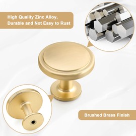 WEAVERBIRD Gold Door Handles 10PCS Cabinet Knobs 30MM Zinc Alloy Single Hole Drawer Kitchen Handles with Screws Round for Cupboard Wardrobe Furniture Brushed Brass Knobs