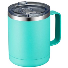 MEWAY Taza de café de 12 oz con asa y tapa deslizante, vaso de viaje de acero inoxidable con asa, taza de camping de doble pared con aislamiento al vacío (Verde claro, Juego de 1)