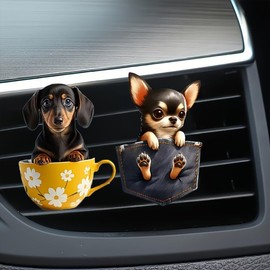 2Pcs 2D Acrylic Car Air Vent Freshener – Cute Cartoon Chihuahua & Dachshund Dog Designs, Solid Scented Decoration for Car AC Vents, Long-Lasting Fragrance, Fun Accessory