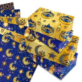 12 Sheets of Ramadan Wrapping Paper, Birthday Wrapping Paper, 4 Types of Wrapping Paper Sheets for Children, Holiday, Birthday Wrapping Paper 50 x 68 cm (Blue)