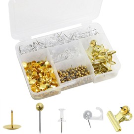 465 Thumb Tacks,5 Types Push Pins for Bulletin Board,Gold Thumbtacks,Clear Push Pins,Clip for Cork Boards Map Photos Home Office Craft Projects