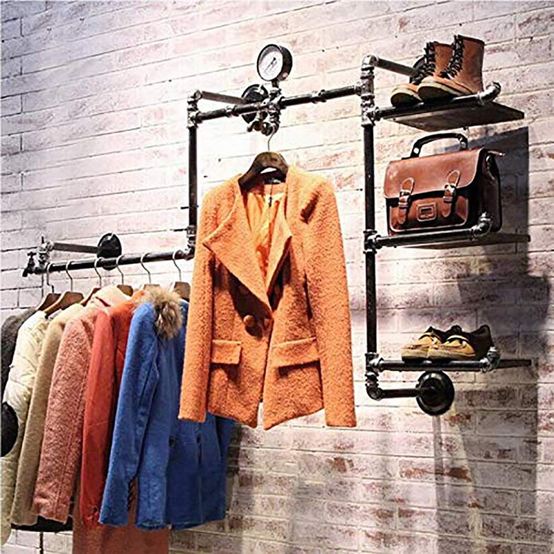 VANDNALI Industrial Pipe Clothing Rack Wall Mounted Wood Garment Rack