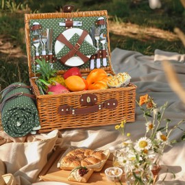 HYBDAMAI Picnic Basket for 4 Persons with Waterproof Picnic Blanket and Insulated Cooler, Large Wicker Picnic Basket for Camping, Outdoors, Valentine's Day, Christmas, Birthday, Wedding Gift