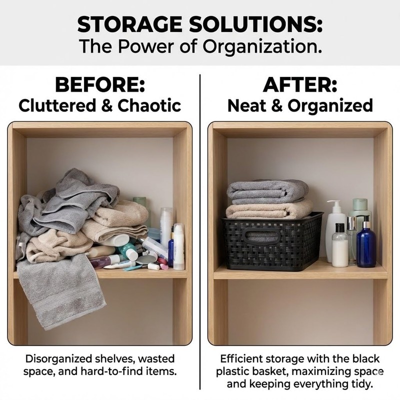 8 Pack Black Storage Baskets, Plastic Woven Organizer Baskets, Stackable