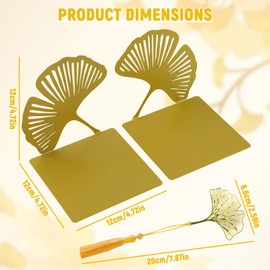 Metal Bookends, Gingko Bookend, Decorative Metal Book Stand Set in Gold, Gold with Cut-Out Look, Bookcase, Non-Slip, Decorative for Home, Office, Heavy Books