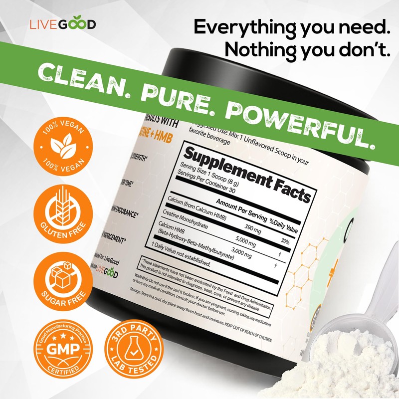 LIVEGOOD Creatine + HMB Powder, Unflavored Organic Creatine Monohydrate for