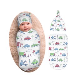 Car Theme Baby Stuff Newborn Swaddle Blanket with Beanie Set, Soft and Stretchy Baby Blanket Swaddle Sack for Boy and Girl