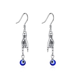POPLYKE Italian Hand Earrings for Women 925 Sterling Silver Evil Eye Dangle Earrings Cornicello and Mano Cornuto Good Luck Protection Amulet Jewellery for Girls, Sterling Silver