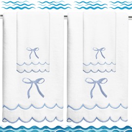 4 Pcs Scalloped Towels for Bathroom 100% Cotton 2 Bath Towels 2 Hand Towels Scallop Bathroom Towels Embroidered Dish Towel Decorative Soft Bath Towel for Kitchen (Bow Blue, 2*Bath+2*Hand towel)