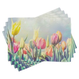Ambesonne Pastel Place Mats Set of 4, Tulips Flower Bed in Park Serene Landscape Happiness Fresh Spring Environment Image, Washable Fabric Placemats for Dining Table, Standard Size, Multicolor
