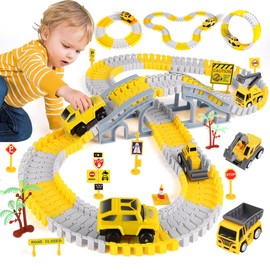 Construction Race Track Toys, Create A Engineering Road Games for Kids Toys, Flexible Track PlaySet and 2 Electric Cars 4 Construction Cars for 3 4 5 6 7 8 Year Old Boys Girls Gift