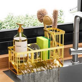 Cisily Gold Kitchen Sink Caddy Organzier with High Brush Holder, Sponge Holder for Sink, 304 Rustproof Stainless, Kitchen Countertop Soap Dispenser Organizer, Home Decor and Accessories