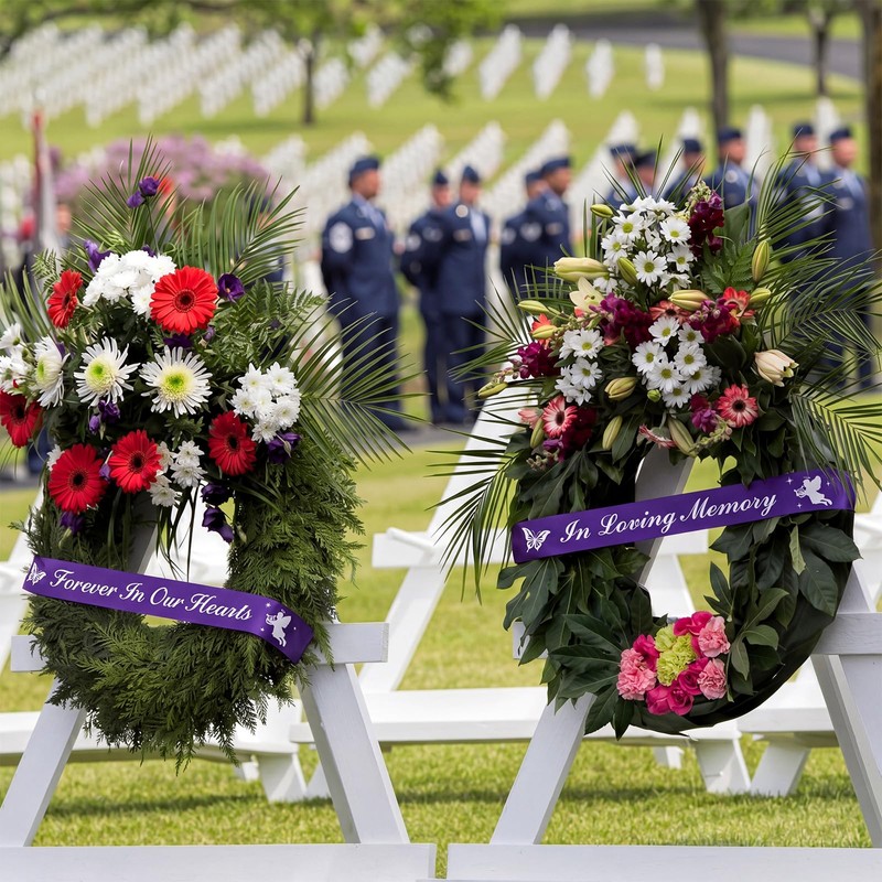 2 Pcs 63x3.8'' Memorial Funeral Sash with Pin, White,Purple, Delicate