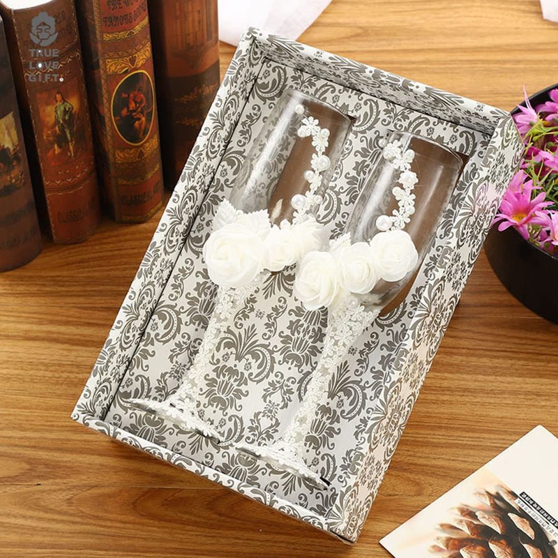 Bride Groom Champagne Glasses - Wedding Glasses with White Lace