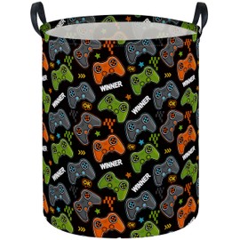 ESSME Kids Laundry Basket,Kids Hamper Collapsible Canvas Waterproof Storage Bin forBoys, Game Hamper,Gift Baskets,toy bins(Black Game)