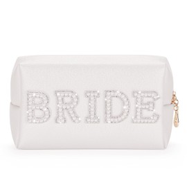 Etercycle Bride Letter Makeup Bag, Bride To Be Gifts Bling Pearl Rhinestone Patch Cosmetic Bag, Waterproof PU Travel Toiletry Bag for Bachelorette Party Women Wedding Bridal (Silver)