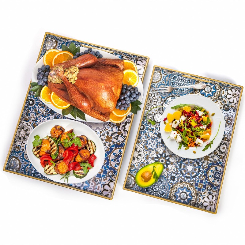 Hiceeden Set of 2 Decorative Serving Trays with Handles, Boho