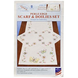 Jack Dempsey Stamped Dresser Scarf and Doilies Perle Edge, Fluttering Butterflies