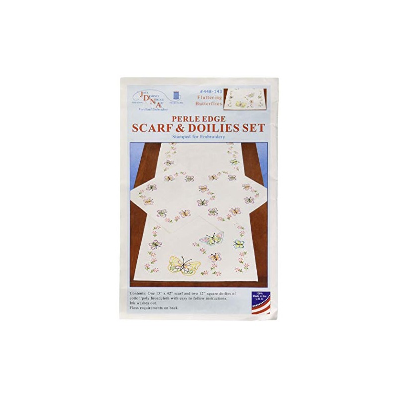 Jack Dempsey Stamped Dresser Scarf and Doilies Perle Edge, Fluttering