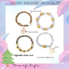 Boho Beaded Bracelet,Tree of Life Pendant Multilayer Wooden Beaded Bracelet, Stretch Elastic Bracelet, Bracelet Set Stackable or Wearable Separately,Boho Ethnic Travel Bracelet(Pack Of 4)