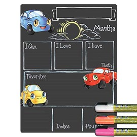 Cohas Monthly Milestone Board for Baby with Cars and Trucks Theme, Reusable Chalkboard Style Surface, and Liquid Chalk Markers, 9 by 12 Inches, 3 Bright Markers