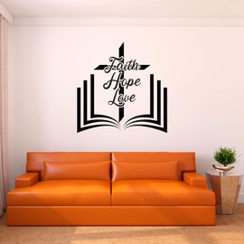 Family Faith Hope Love Motivational Quote Wall Decal Decoration Holy Cross Open Bible Book Design Faith Hope Love Lasts Years and Easily Removable - Size: 10 in(W) x 10 in(H)