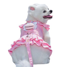 Pet No Pull Harness Set,Cat Dog Denim Dress with D-Ring Leash Bee Pin,Mesh Padded Puppy Harness Princess Dress for Training Walking_S(Pink)