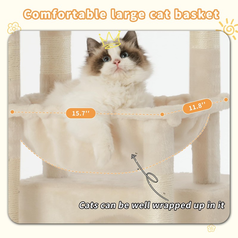 Heybly Cat Tree, Kitten Tower with Large Soft Cat Basket,