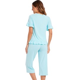 WiWi Soft Pajama Set for Women Viscose from Bamboo Short Sleeve Top with Capris Pajamas Sets S-XXL, Aqua, Small