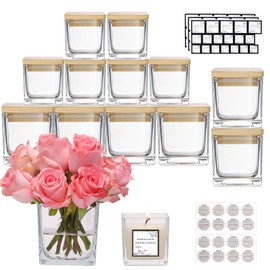 CONNOO 12 Pack 9oz, 3oz Clear Square Candle Jars for Making Candles, Thick Glass Bulk Empty Candle Containers with Airtight Bamboo Lids for Candle Making, Sticky Warning Labels - Dishwasher Safe