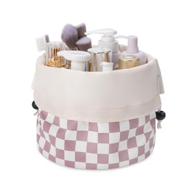 Narwey Barrel Drawstring Checkered Makeup Bag Large Cosmetic Bag Make up Bags Toiletry Bag Travel Bags for Toiletries Organizer for Women Gift for Teen Girls (Large, Dusty Pink Checkerboard)
