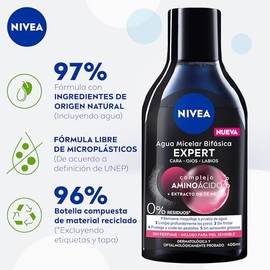 NIVEA Agua Micelar Desmaquillante Bifásica Expert (400 ml) - Fórmula Vegana con Complejo Aminoácido, Remueve Maquillaje a Prueba de Agua, Limpia y Ref