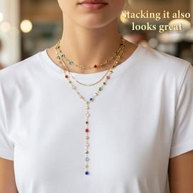 Bmpzery Colorful Rhinestone Necklace for Women, Gold Colorful Rainbow Crystal long necklaces Chain, Dainty Sparkly Jewelry Gift for Party